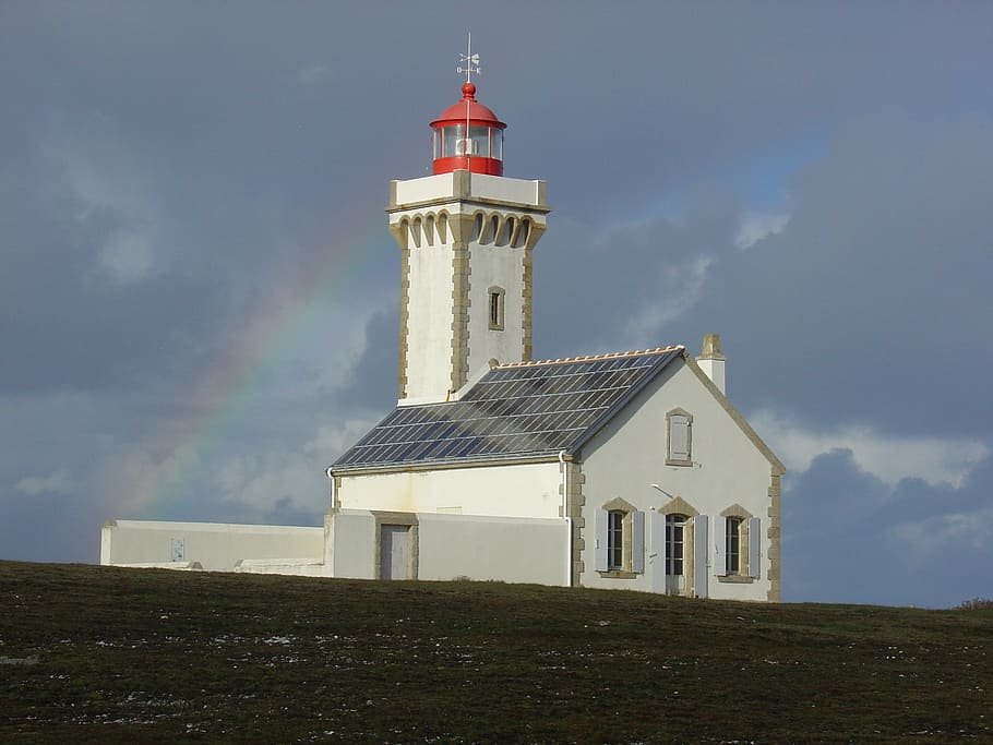 white painted building, lighthouse, brittany, storm, foals, rainbow, building exterior, architecture, built structure, building