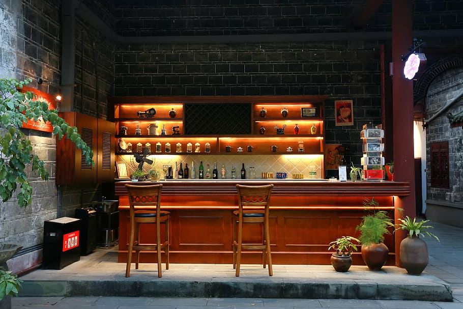 two, brown, wooden, bar stool chairs, the ancient town, republic of china, bar, inn, illuminated, indoors