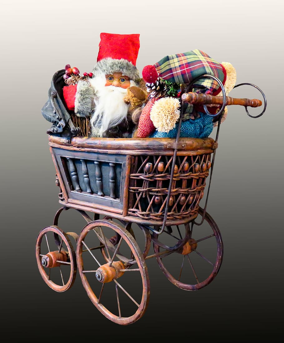 santa claus, gifts, christmas, joy, figure, christmas decoration, give, doll prams, basket, holiday