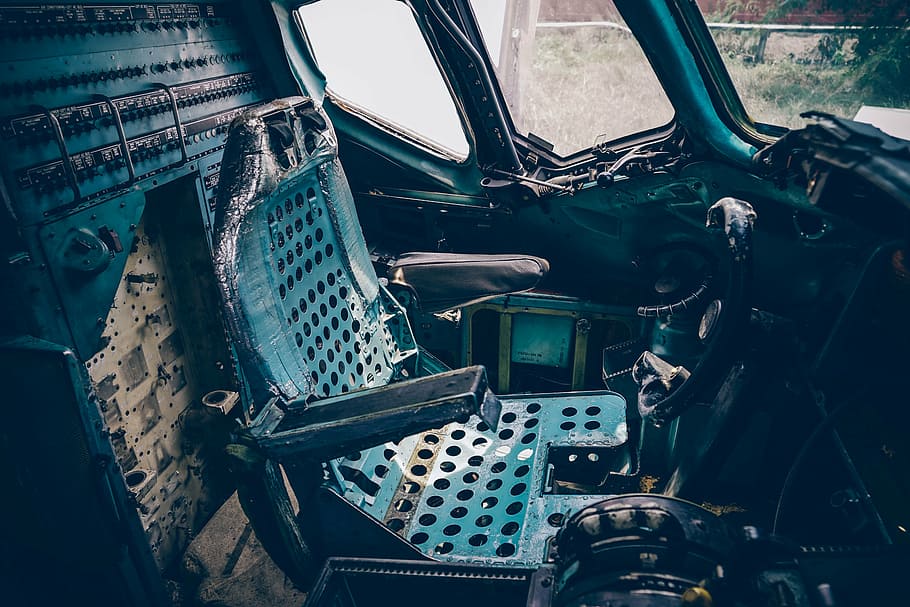 chair, cockpit, damaged, old, seat, vehicle, wreck, wreckage, transportation, car