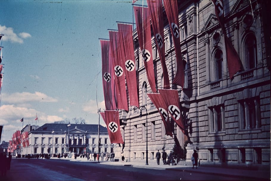 빨간, 깃발, 교수형, 건물, 만자, 베를린, 독일, 나치, 제 3 제국, 역사적인