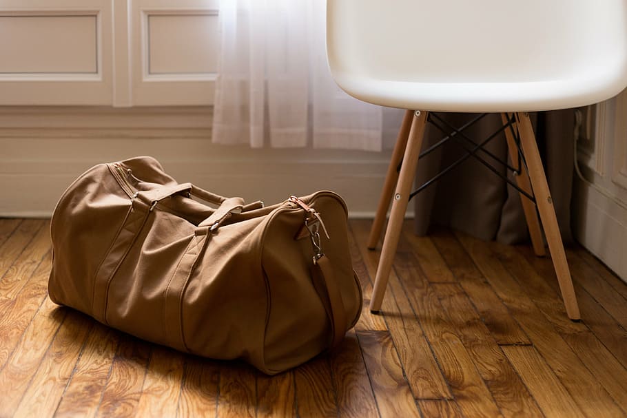 brown, duffle bag, floor, luggage, packed, travel, trip, suitcase, baggage, bag