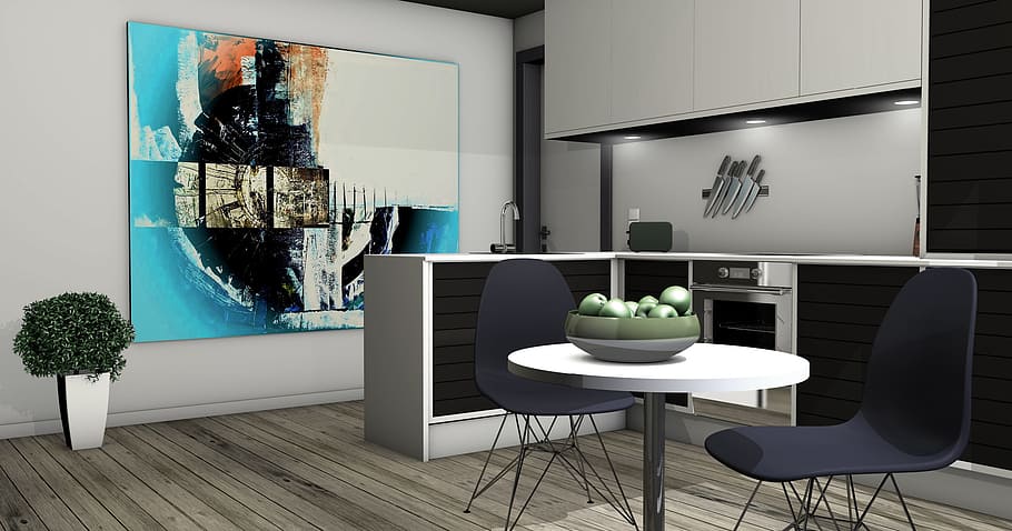 table beside chairs, kitchen, lichtraum, gallery, living room, apartment, graphic, computer graphics, rendering, architecture