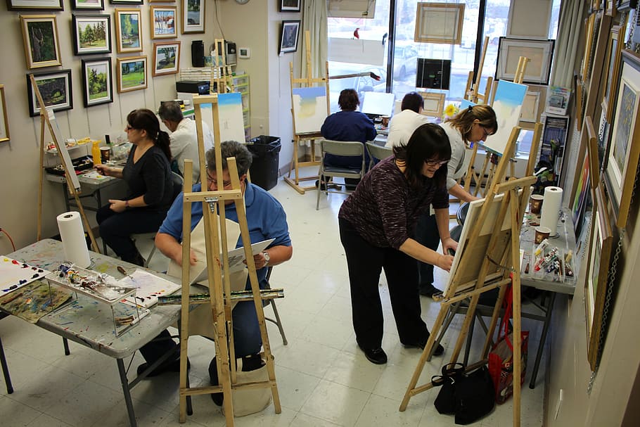 people painting, inside, room, painting, course, easel, class, gallery, adult, workshop
