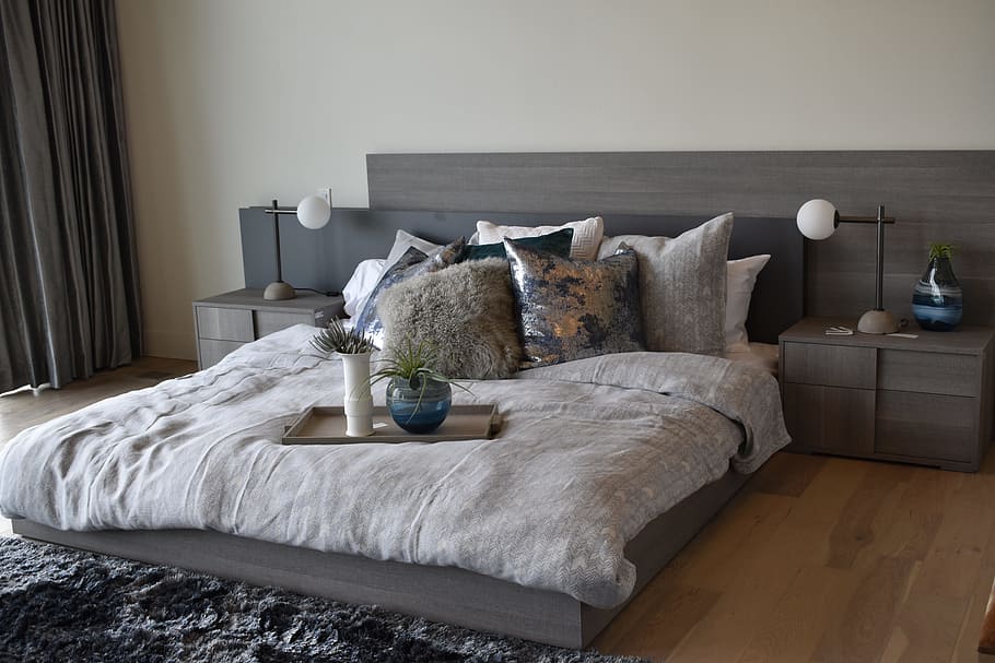 gray, wooden, bed, nightstand, interior design, bedroom, home, furniture, modern, luxury
