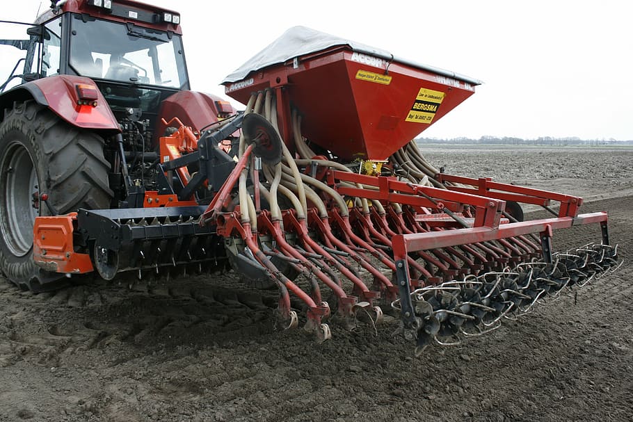 seeder, agriculture, grass seed, pasture, sowing, land, day, land vehicle, transportation, agricultural machinery