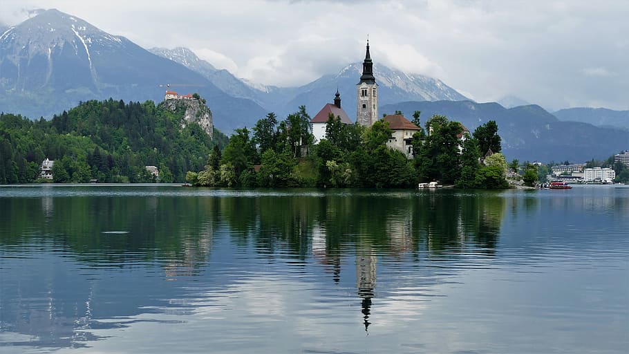 Bled, Slovenia, body of water, building, mountain, water, built structure, architecture, tree, building exterior