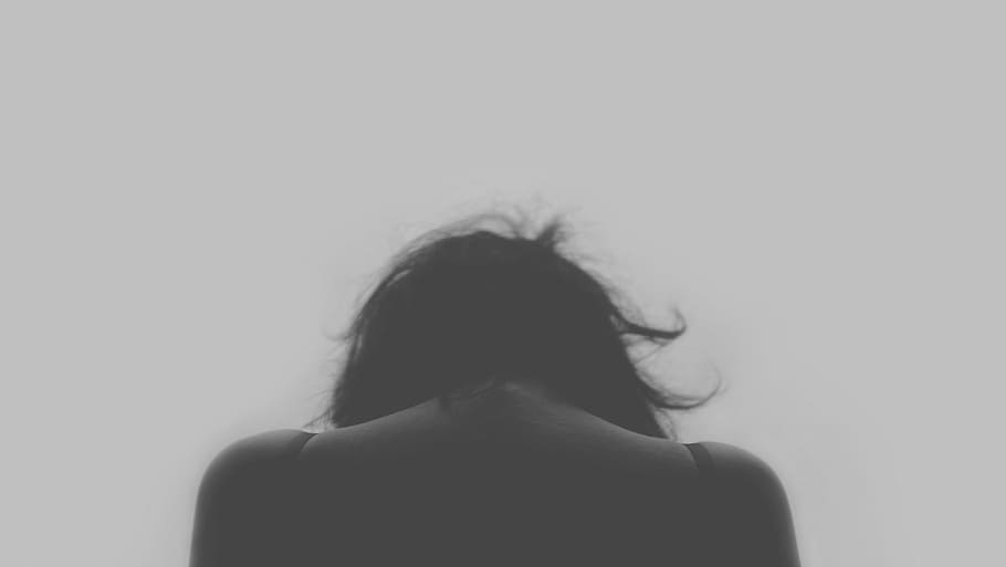 woman, facing, towards, white, background, sad, depressed, depression, sadness, young