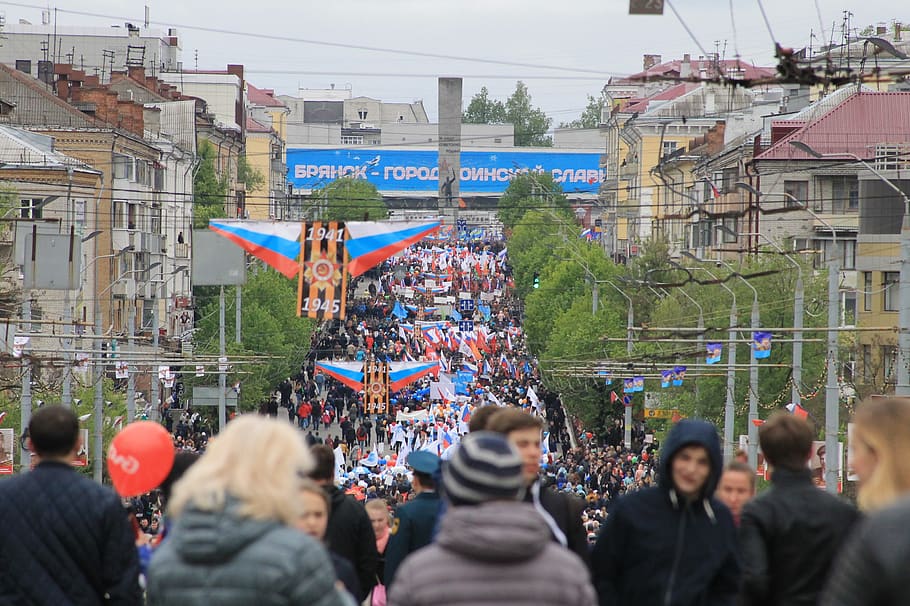 may holidays, may 9, bryansk, russia, ribbon of saint george, victory day, parade, marsh, street, city