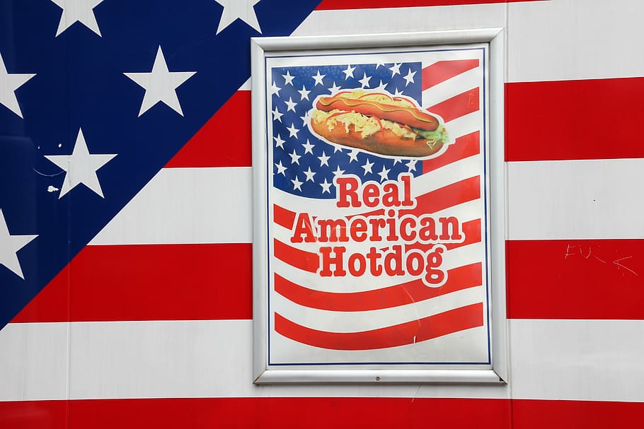 advertising, real american hotdog, flag, america, patriotism, food, food and drink, red, star shape, striped