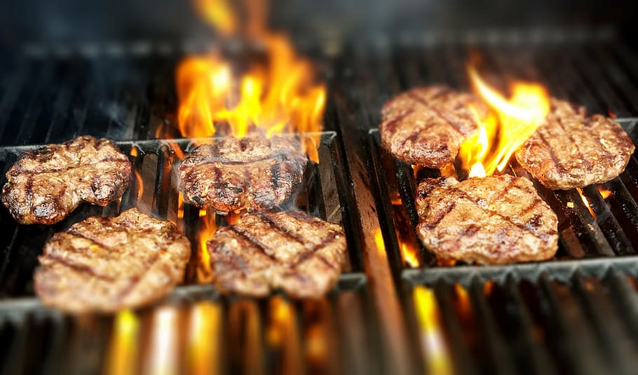 seven, grilled, meats, black, grill, burgers, fire, grilling, fire - natural phenomenon, flame