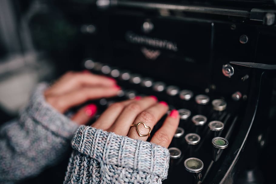 female, vintage, office, desk, typewriter, typewriting, old, typing, retro, pink nails
