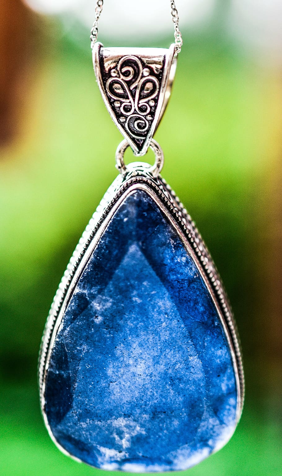 silver-colored, blue, gemstone pendant, sapphire, stone, precious, jewel, gem, mineral, ornament