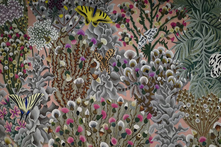 multicolored flowers painting, tapestry, gobelin, dom robert 1907-1997, benedictine, monk, artist, flora, bug, butterfly