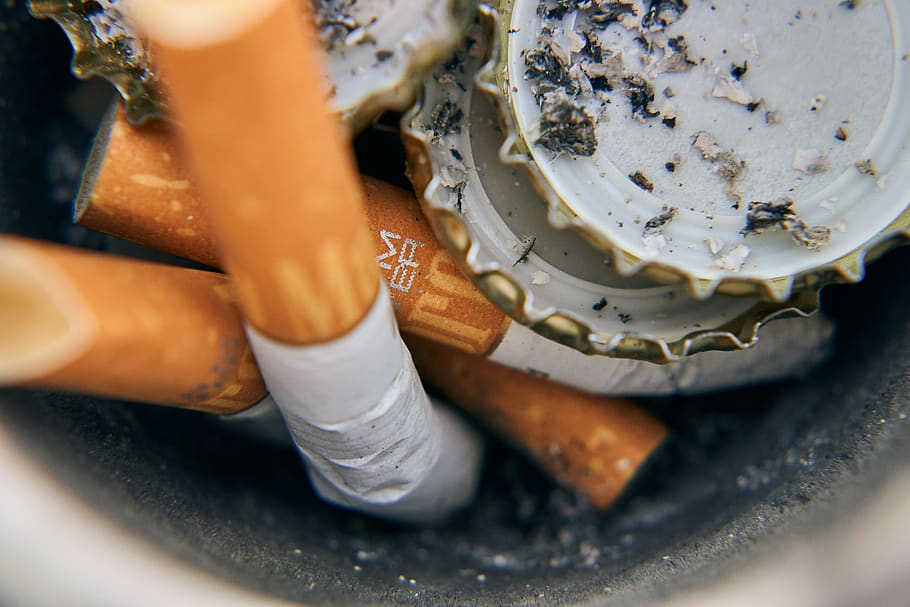 cigarette, stub, cant, ash, smoking, addiction, drug, nicotine, bottle caps, ashtray