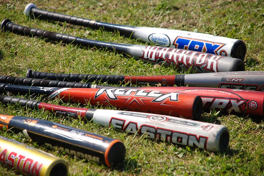 assorted, steel baseball bats, ground, sports, baseball, bat, store, grass, field, land
