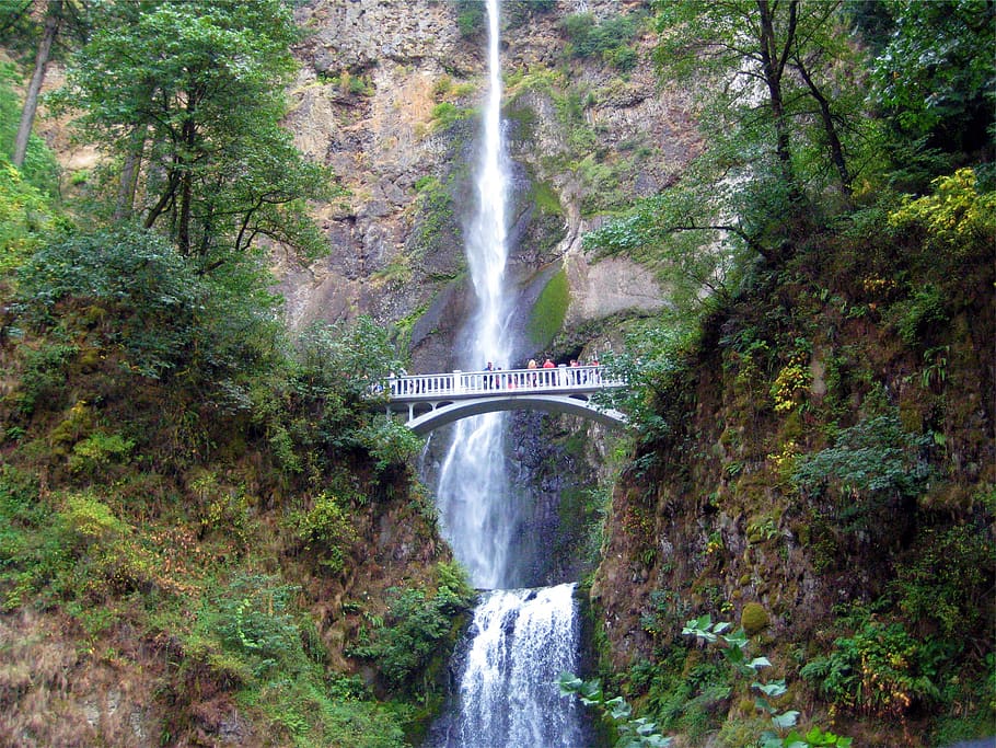 waterfall, bridge, cliffs, rocks, nature, people, water, tree, plant, flowing water