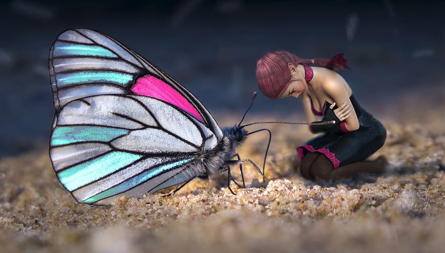 fantasy, butterfly, girl, elf, sand, sit, worship, emotional, wing, fairy tales