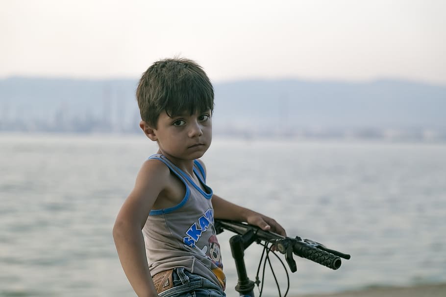 selective, focus photography, boy, riding, bike, body, water, child, bicycle, baby