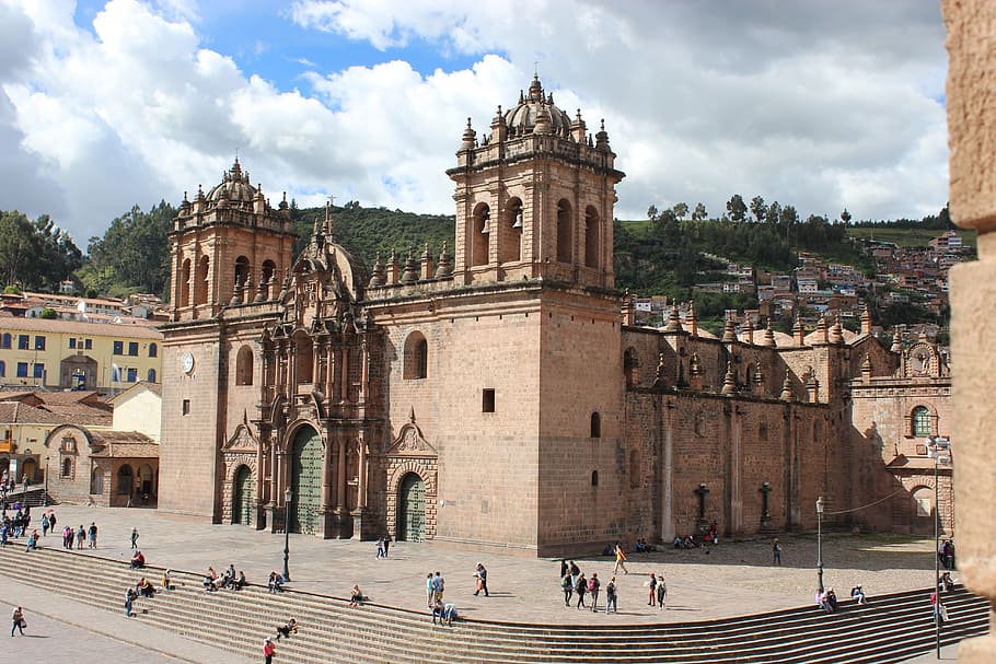 fotografia, marrom, construção, com vista para, verde, montanha, dia, Cusco, Peruano, Arquitetura