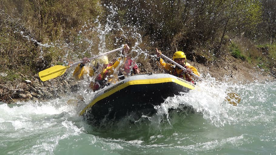 people, riding, inflatable boat, daytime, rafting, rubber boat, river, adventurous, rapids, cruise