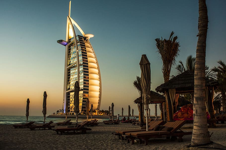 건축, 사진, 버즈 알 아랍, 두바이, 호텔, 해변, 모래, 바다, 라운지의 자, 일몰