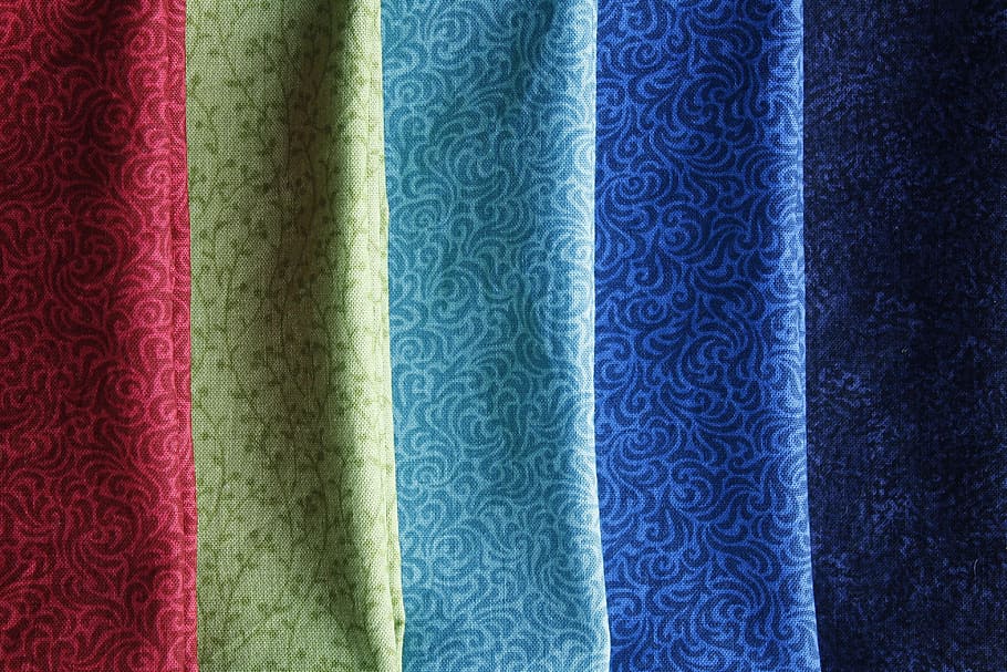 cinco textiles de colores variados, tela, material, color, textil, algodón, fondos, patrón, multicolores, elección