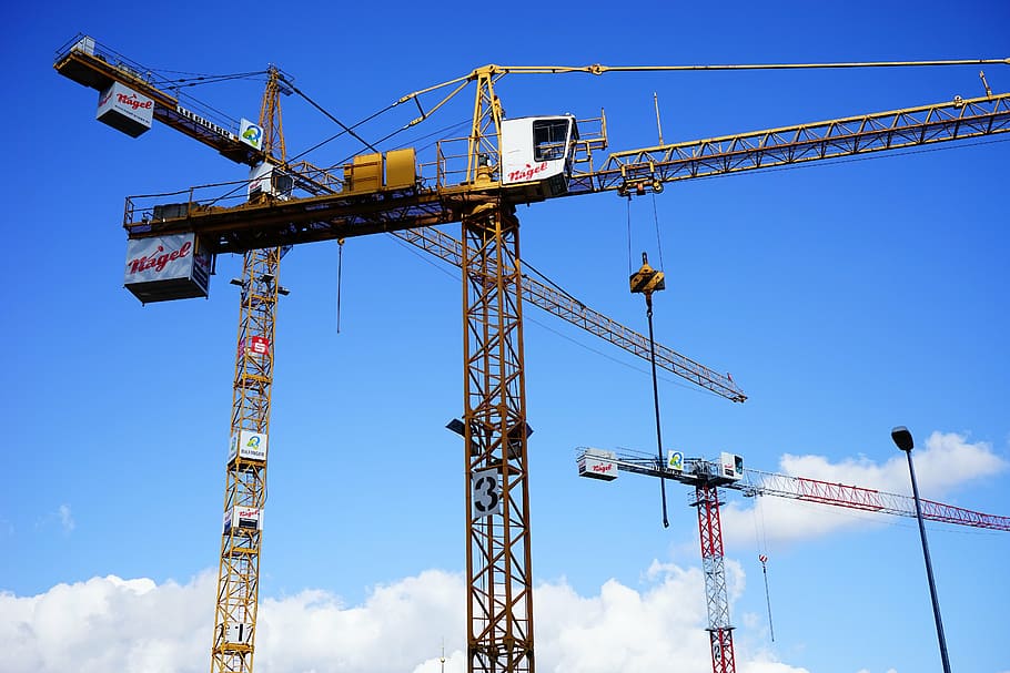 white, yellow, crane, cranes, load lifter, site, baukran, build, sky, construction work