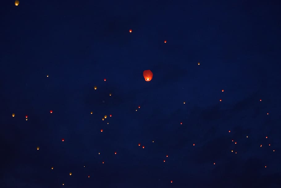 熱気球, 明るい, 明るい風船, 空気, 熱気, 空, 風船, 飛行, 夜, 月
