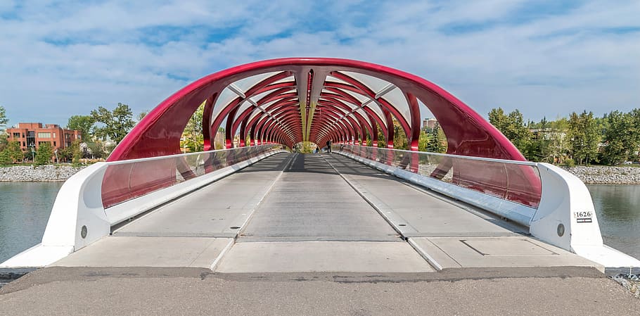 across, river, calgary, alberta, Bridge, Calgary, Alberta, Canada, architecture, public domain, red