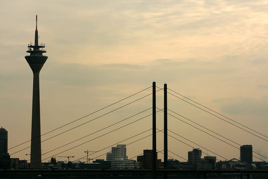 Düsseldorf, Kota, Arsitektur, Rhine, rumah, struktur, bangunan, jerman, menara, malam