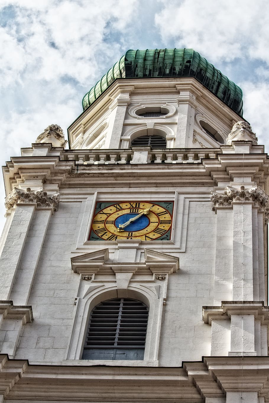 tower, clock tower, dom, passau, baroque, bell tower, building, house of worship, facade, low angle view