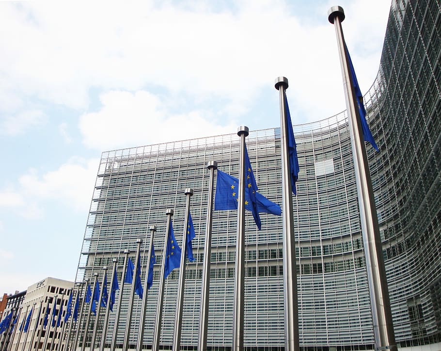 flag formation, stainless, steel pole, daytime, flag, formation, stainless steel, pole, eu, european commission