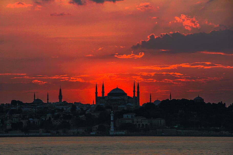 hagiasophia, red, turkey, istanbul, yellow, color, colorful, sky, summer, clouds