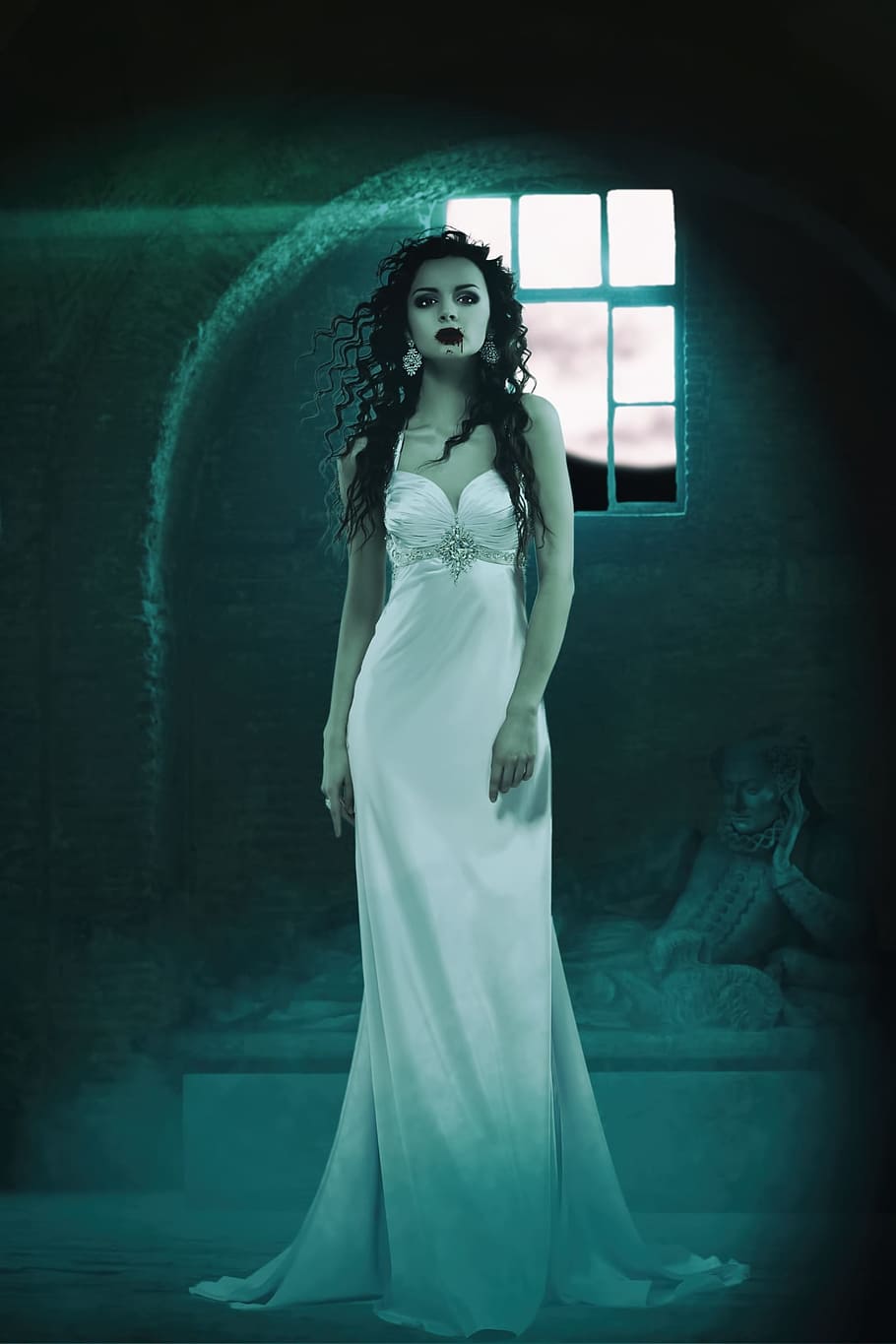 woman, wearing, white, spaghetti, strap, bodycon dress, inside, room, vampire, ruins