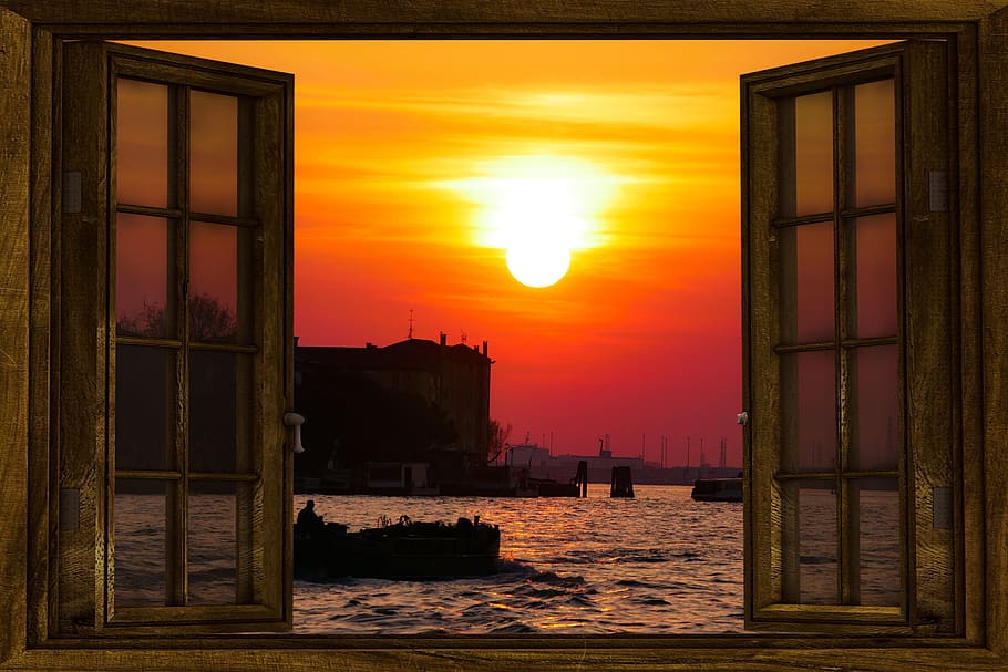 beige, wooden, frame 8- lite window, 8-lite, ocean, silhouette, building, sunset, emotions, sea