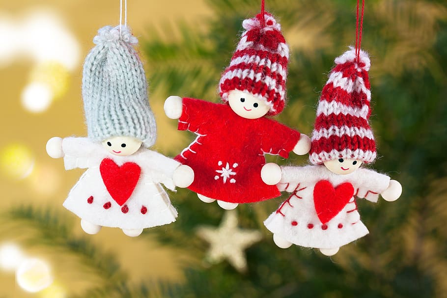 three crochet dolls, christmas, angel, dolls, hand labor, knitted, cap, red white, grey, heart