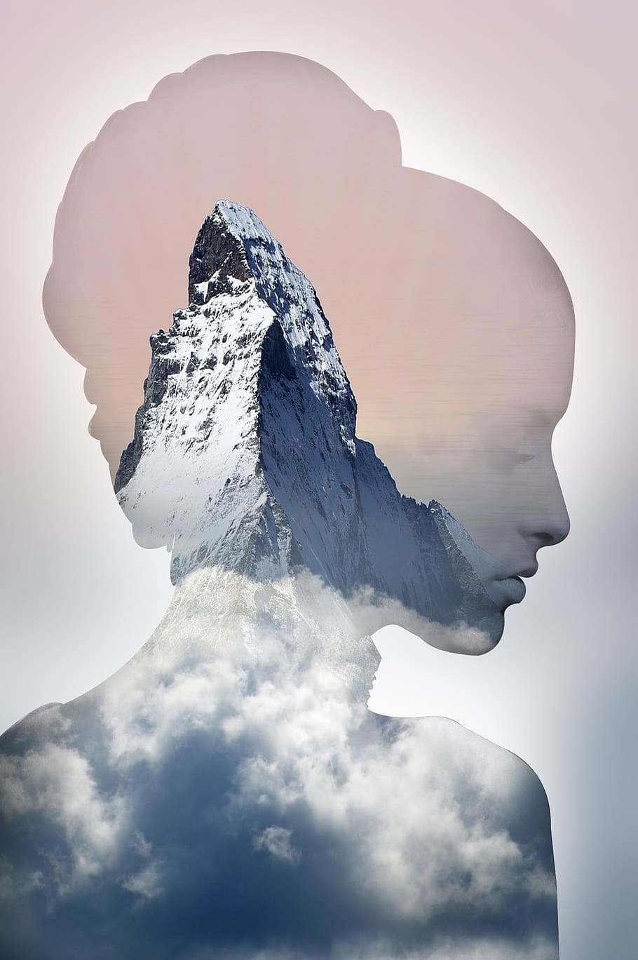 portrait, double exposure, mountain, photoshop, woman, face, mountain peak, pink, sky, beauty in nature
