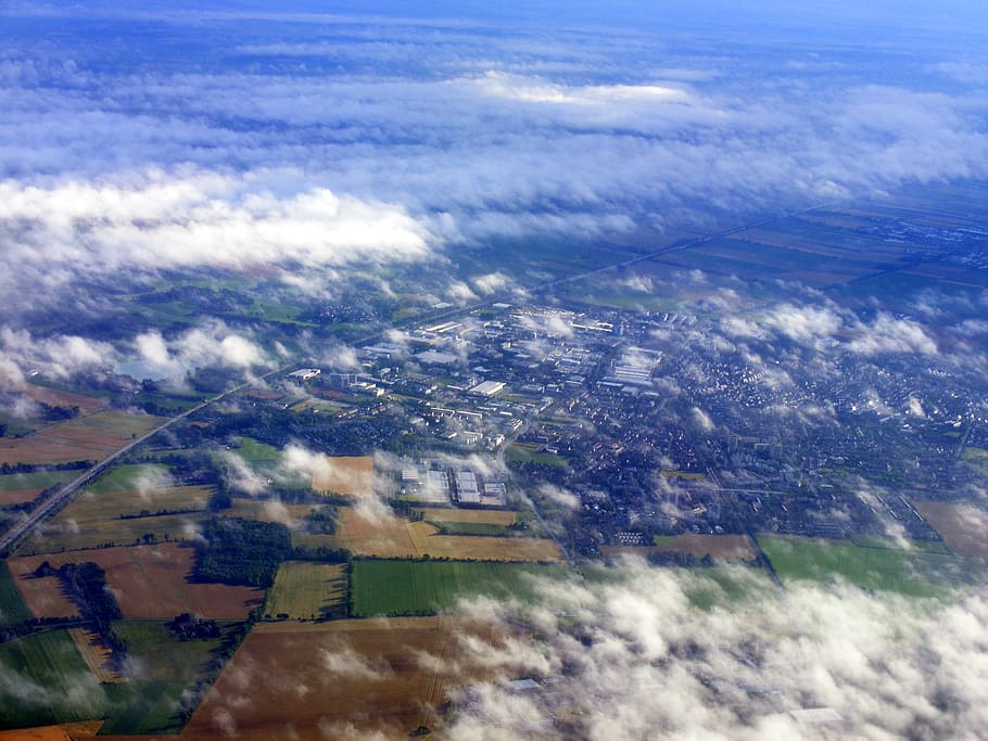 cloud, ground, sky, white, plane, day, the haze, building, cloud - sky, aerial view