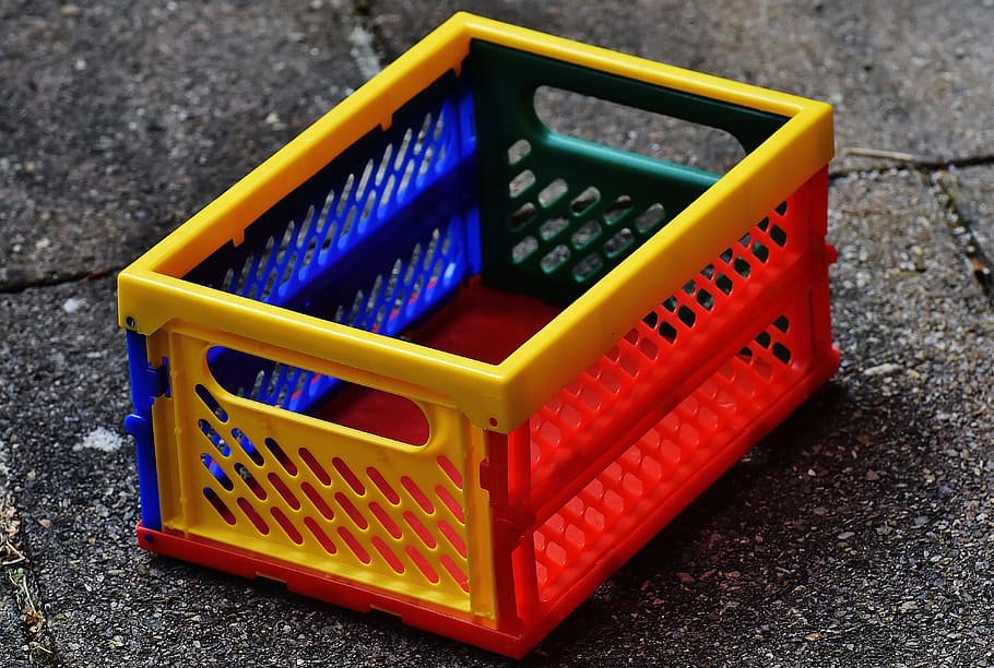 yellow, green, orange, plastic crate, folding box, folding, shopping, stow, plastic, colorful