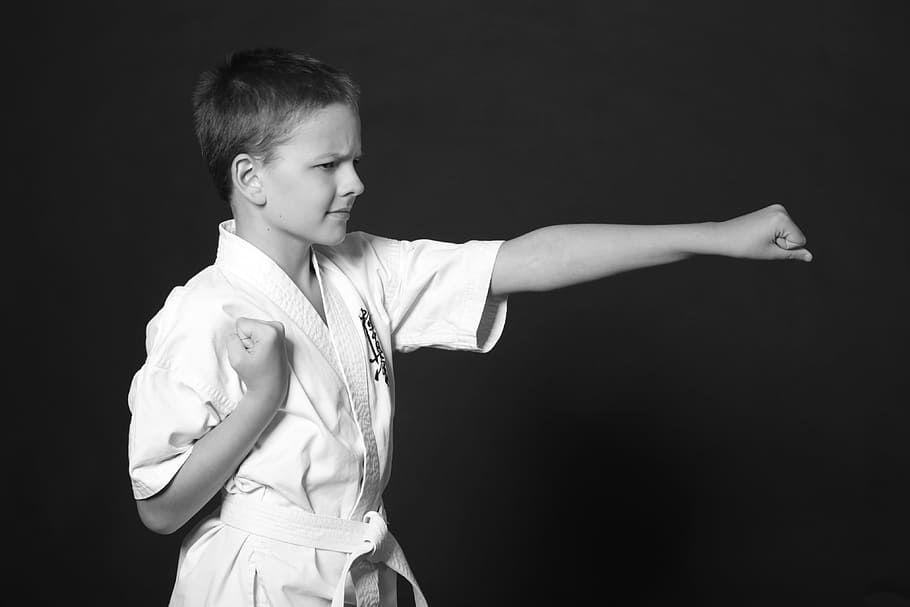 niño, adolescente, karate, kimono, deportes, artes marciales, colegial, la posición del golpe, puño, infancia