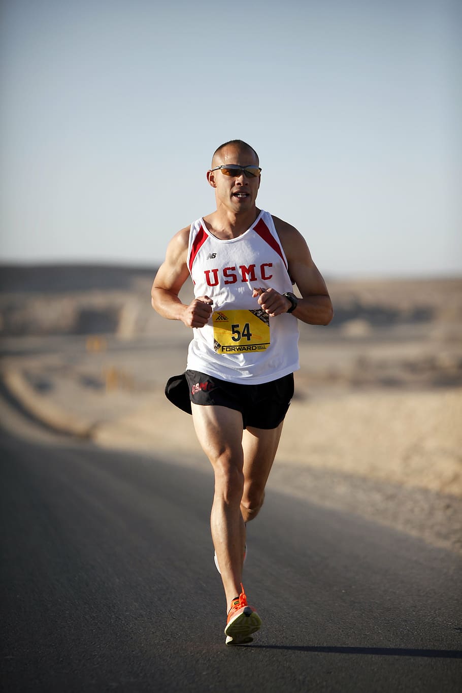 man, wearing, white, red, tank, top, running, asphalt road, daytime, runner