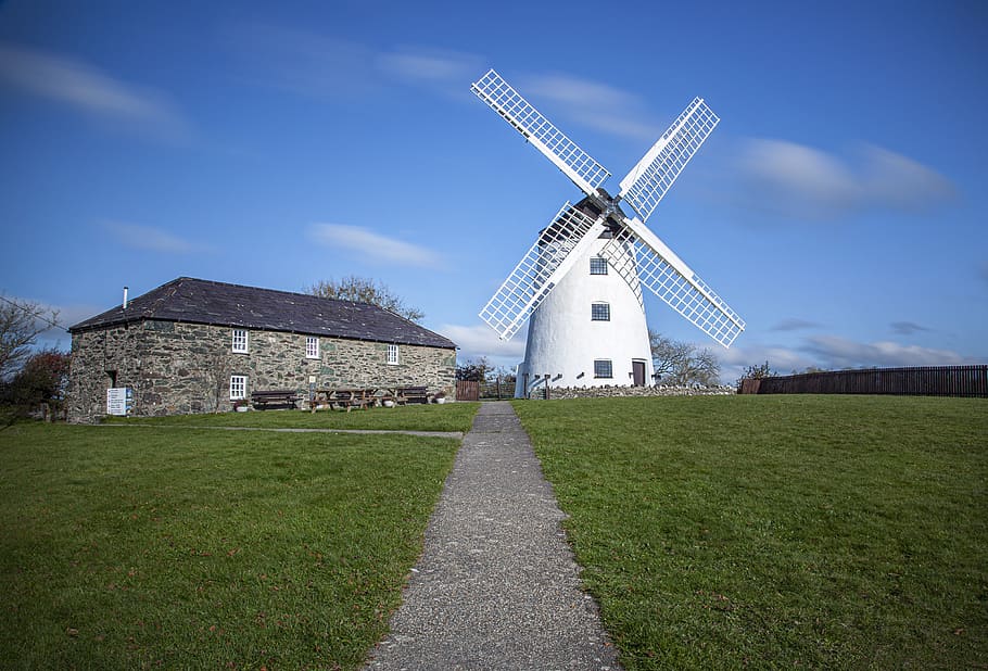 windmill, clouds, anglesey, sky, landscape, nature, energy, mill, rural, wales