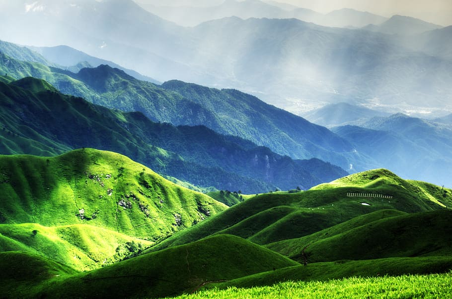 green, mountains, crespular sunrays, wugongshan, light, plant, mountain, nature, hill, landscape