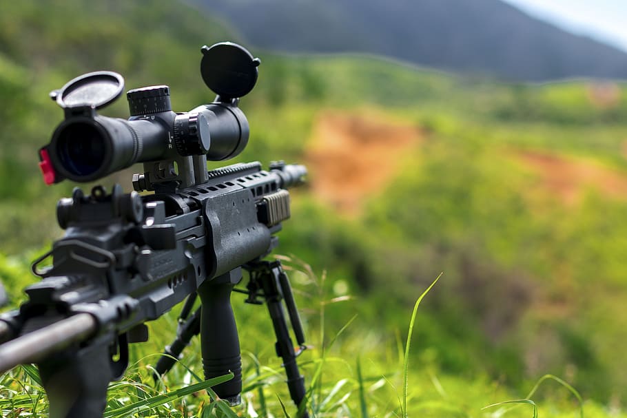 black, rifle, scope, daytime, sniper, green, grass, bullet, war, army