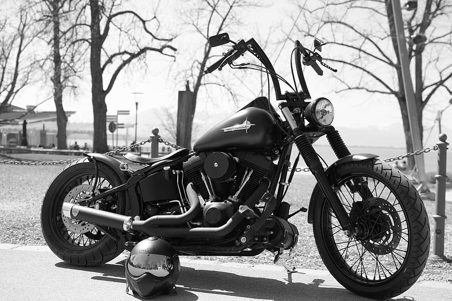 grayscale photography, cruiser motorcycle, helmet, grayscale, photography, harley, harley davidson, motorcycle, bike, black