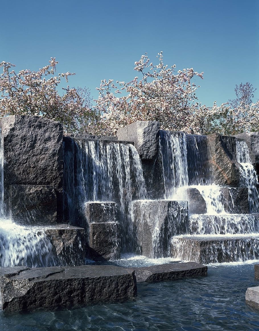waterfall, memorial, trees, cherry, rock, scenic, water, washington, dc, fdr