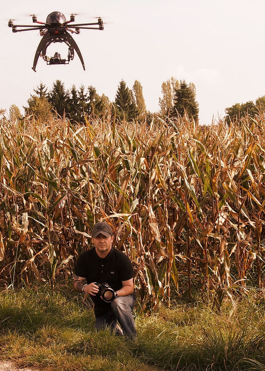 drone, hexacóptero, controlado remotamente, rotores, vista aérea, objeto voador, aeronave, modelagem, pessoas reais, campo