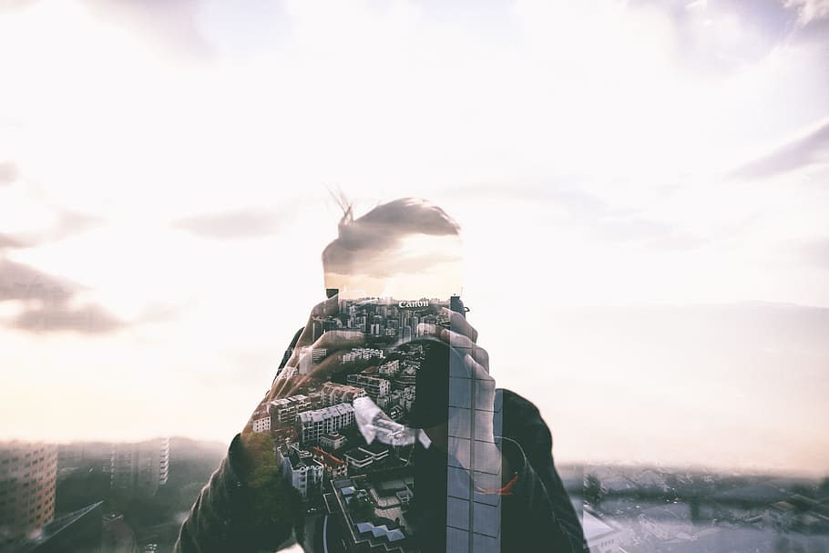 man, holding, camera, building, reflected, silhouette, daytime, person, experimental, photography