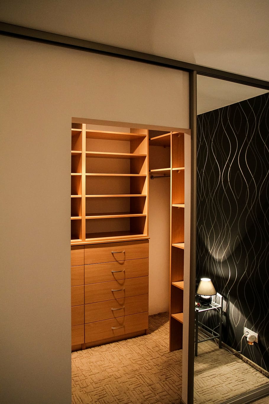 brown, wooden, cabinet, mirror, apartment, bedroom, bed, room, house, residential interior